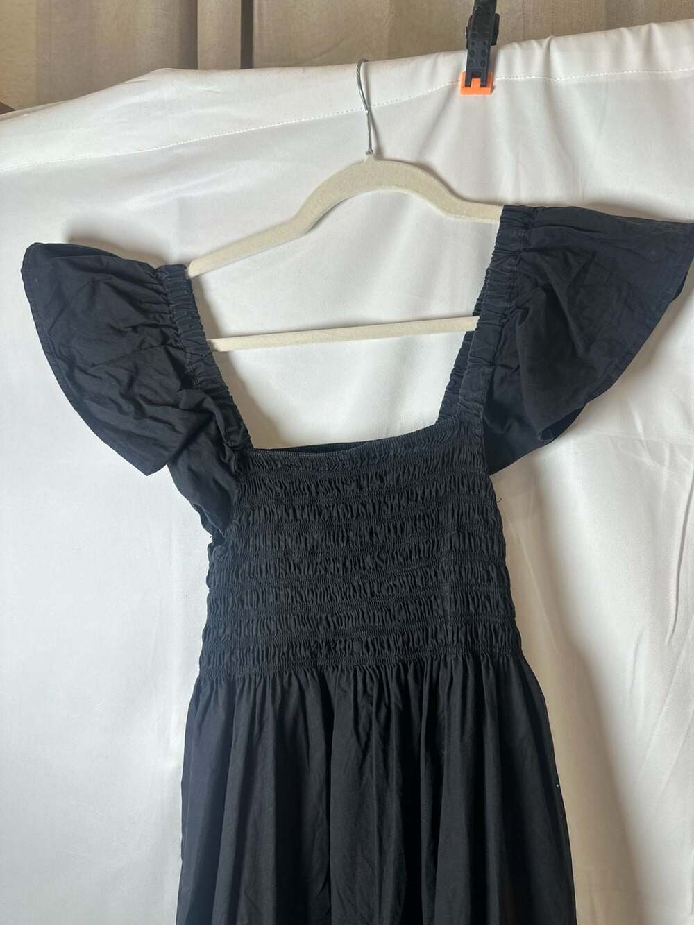 AQUA Black Smocked Tiered Cotton Midi Dress with Ruffle Sleeves, Size S - Picture 3 of 5